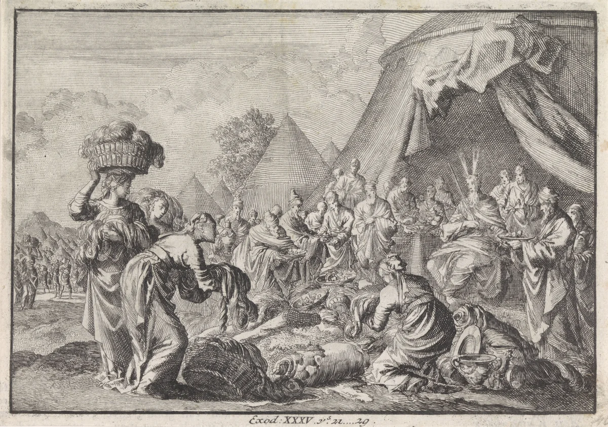 Israëlieten brengen hun kostbaarheden voor de bouw van het tabernakel by Jan Luyken, print, 1703-1762