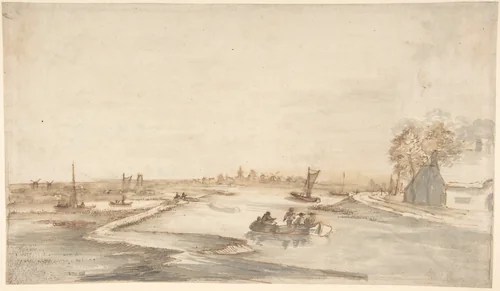 Canal Landscape with Figures by Abraham de Verwer, drawing, 1590-1650