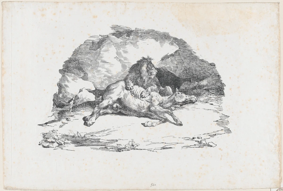 Lion Devouring a Horse by Théodore Gericault, print, 1818