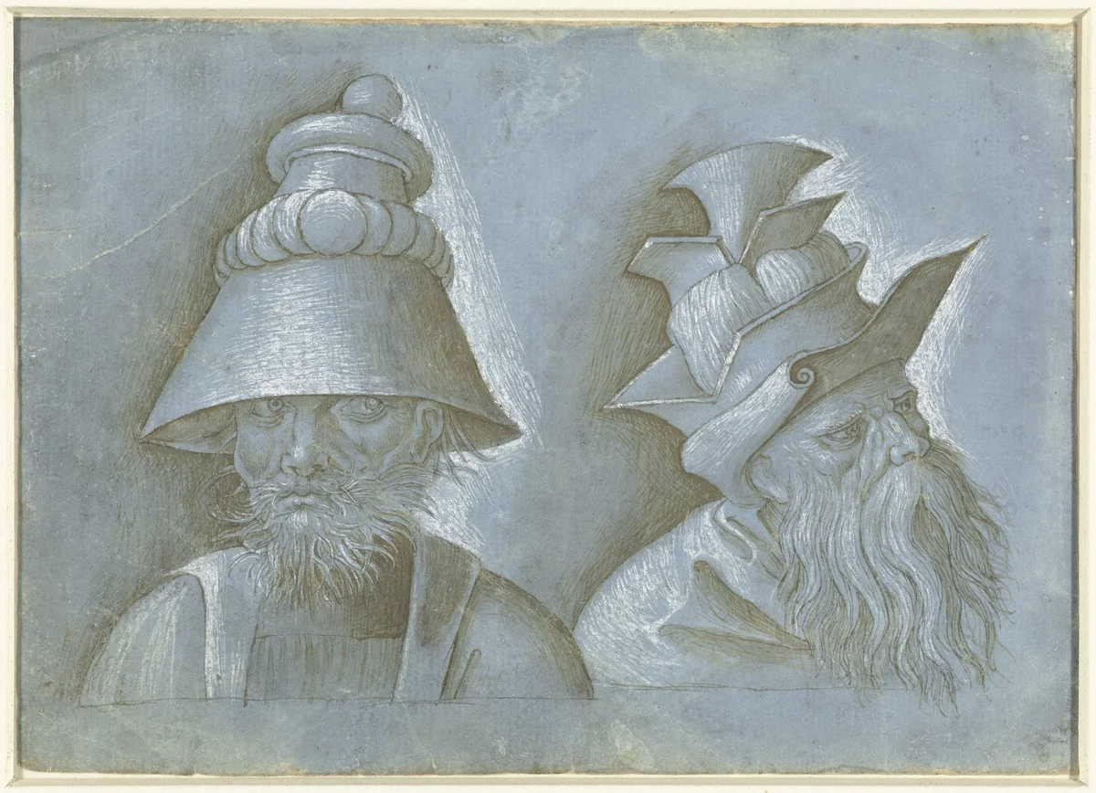 Twee hoofden van mannen met hoofddeksels by Unknown, drawing, 1500-1525