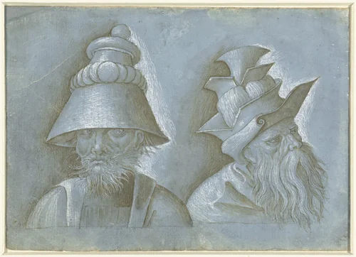 Twee hoofden van mannen met hoofddeksels by Unknown, drawing, 1500-1525