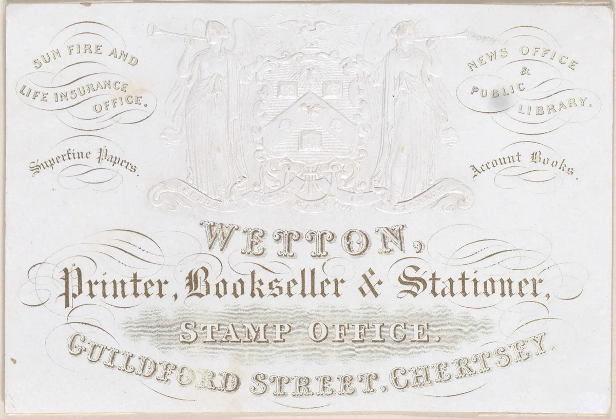 Trade card for Wetton, printer, bookseller and stationer by anonymous, other, 1800-1900