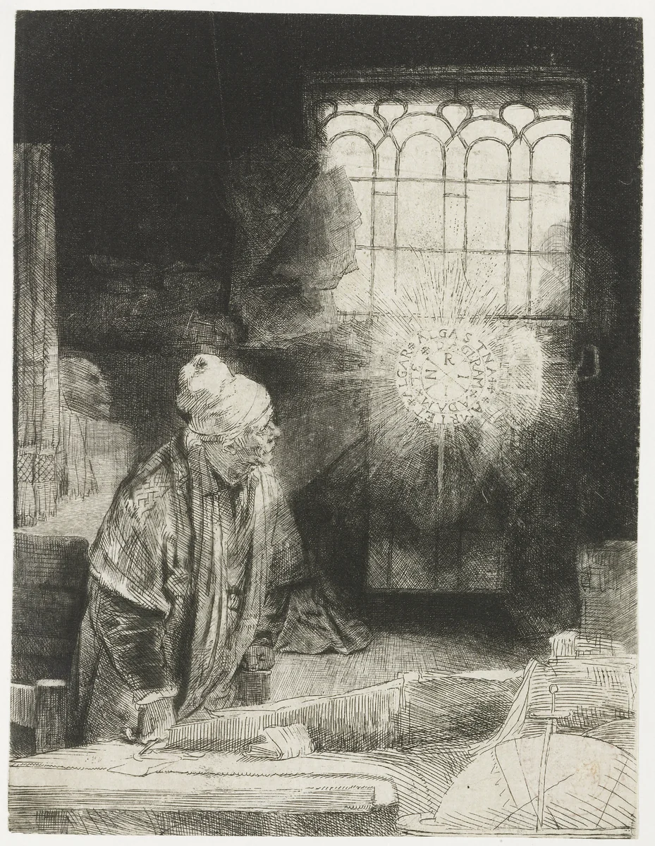 A scholar in his study by Rembrandt van Rijn, print, 1652