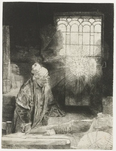 A scholar in his study by Rembrandt van Rijn, print, 1652