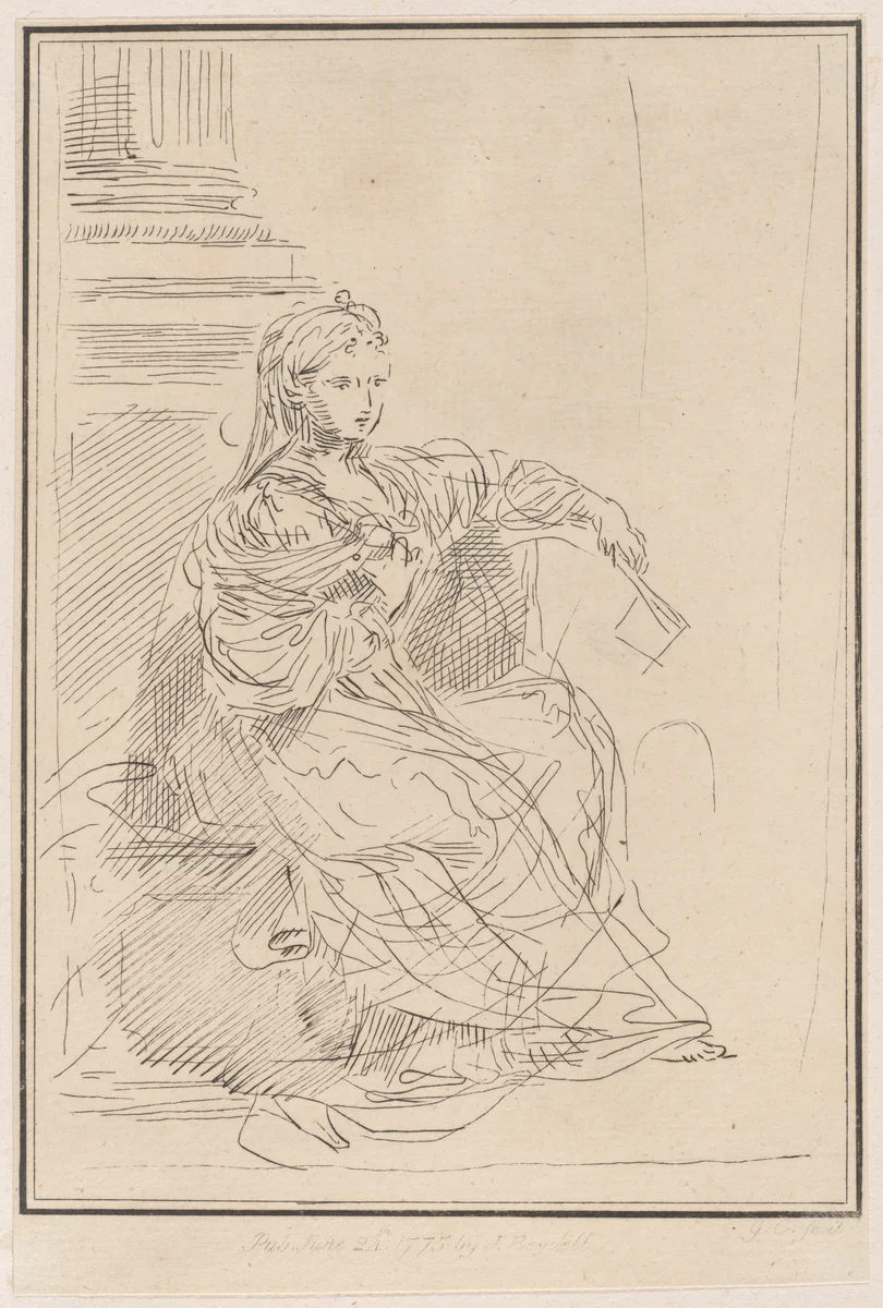 Seated woman holding a fan by Giuseppe Canale, print, 1775