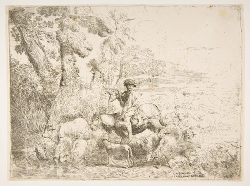 Young herdsman on horseback by Giovanni Benedetto Castiglione, print, 1638