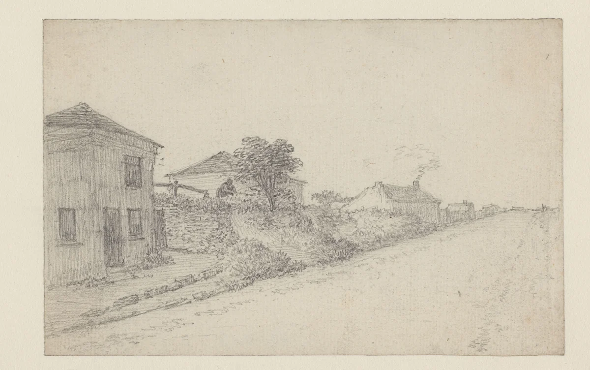 Huizen in een hoge weggekant by Georges Michel, drawing, 1773-1843