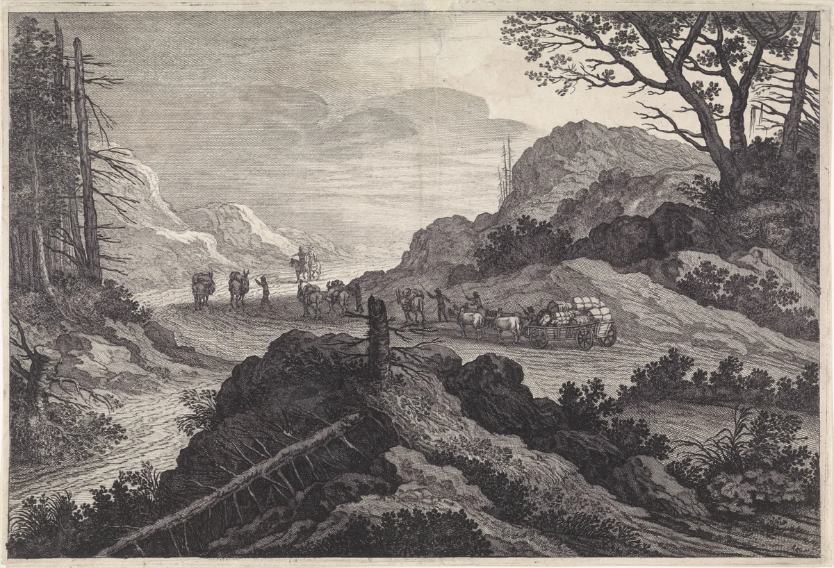 Pakezels op een weg by Pieter Nolpe, print, 1623-1653