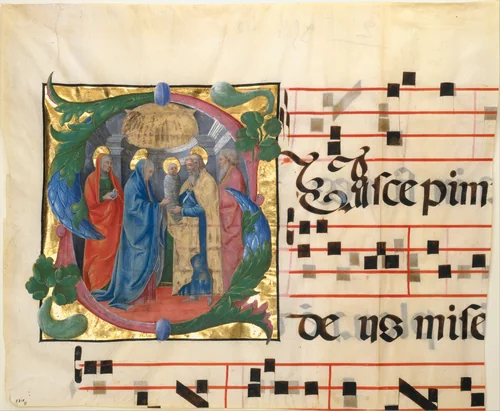 Manuscript Illumination with the Presentation in the Temple in an Initial S, from a Gradual by Cosmè Tura, manuscript, 1450-1460