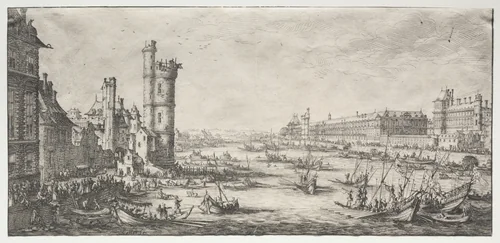 Les deux grandes vues de Paris: Vue du Louvre by Jacques Callot, print, 1628-1630