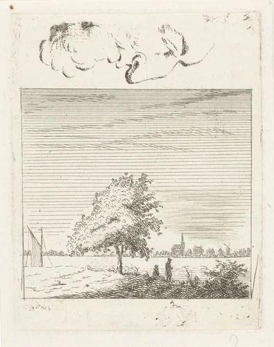 Oefenblad met landschap en gezicht by Jan Matthias Cok, print, 1735-1771