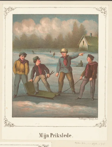 Vier jongens spelen met een prikslee by anonymous, print, 1858-1919