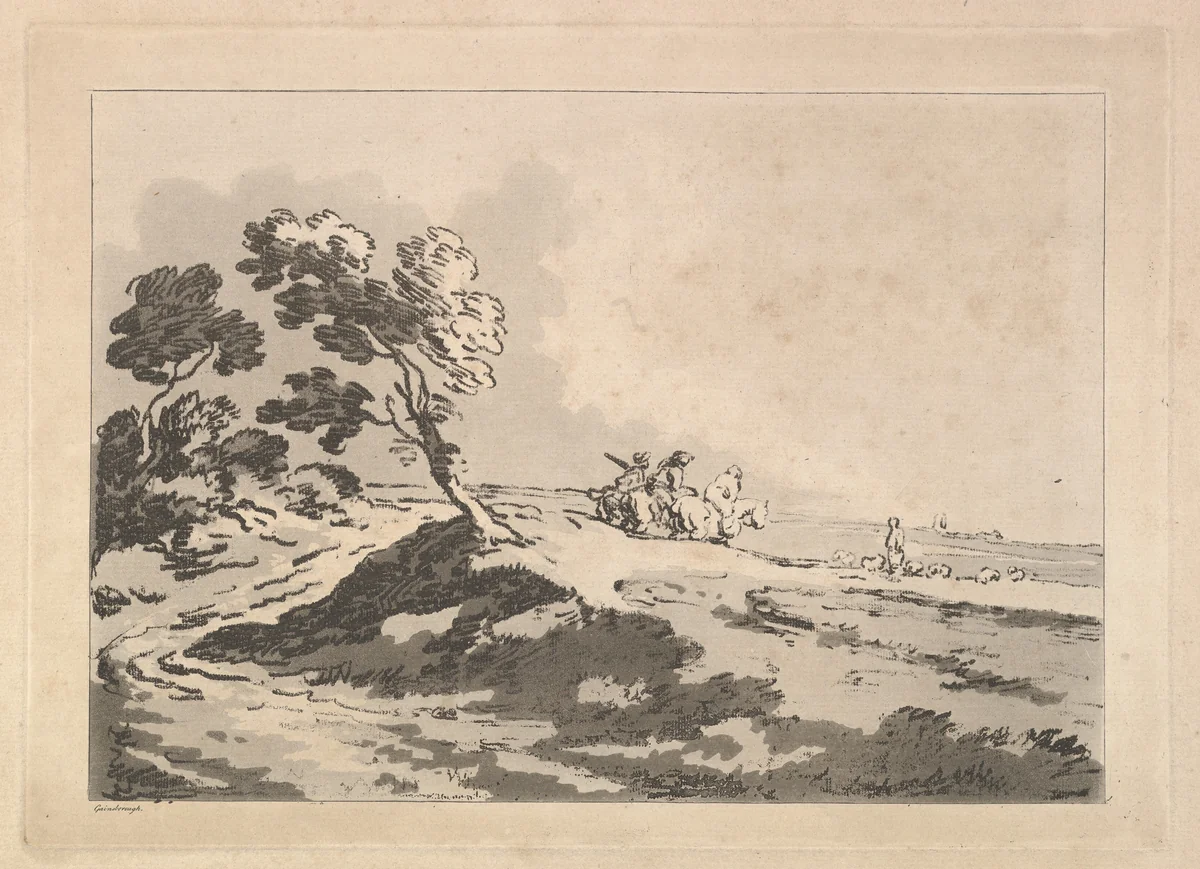 Open Landscape with Three Horsemen in the Middle Distance Heading to the Right, Windblown Trees at Left by Thomas Rowlandson, print, 1784-1788