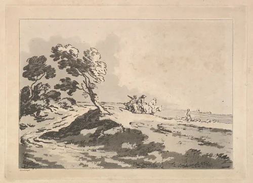 Open Landscape with Three Horsemen in the Middle Distance Heading to the Right, Windblown Trees at Left by Thomas Rowlandson, print, 1784-1788