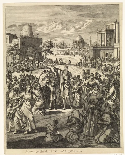 Jona voorspelt de ondergang van Nineve by Jan Luyken, print, 1708