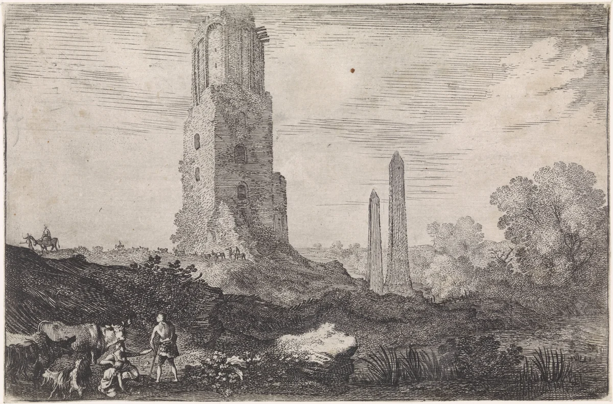 Landschap met twee obelisken en de 'Torre delle Militie' by Moyses van Wtenbrouck, print, 1600-1647