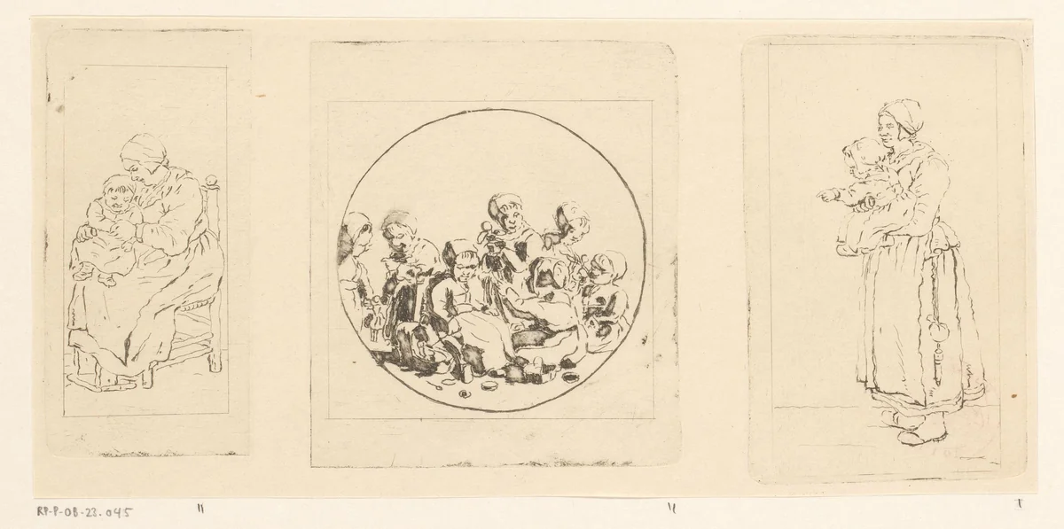 Zittende moeder met kind / spelende kinderen / staande moeder met kind by Pieter de Mare, print, 1779