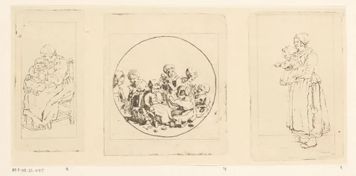 Zittende moeder met kind / spelende kinderen / staande moeder met kind by Pieter de Mare, print, 1779