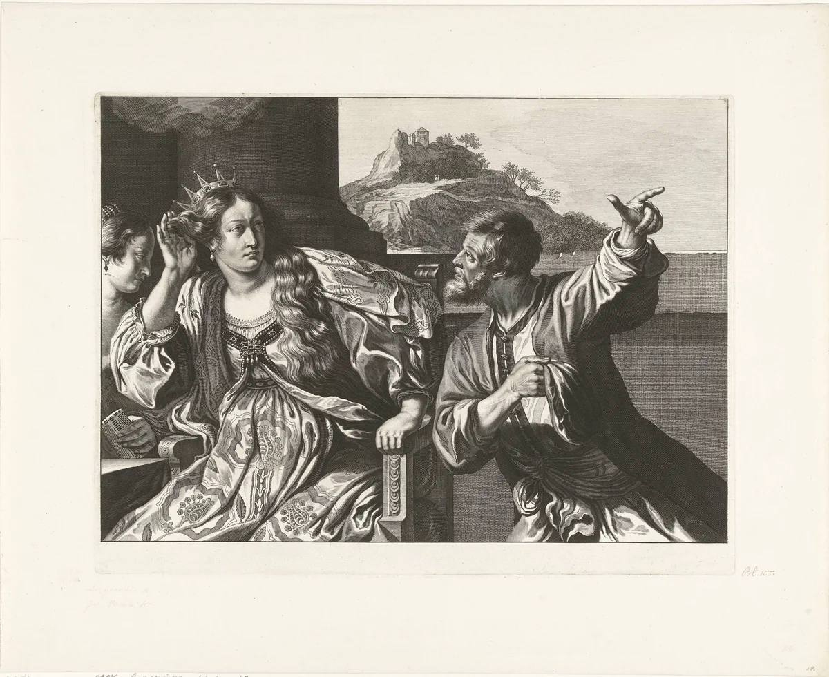 Koningin Semiramis verneemt nieuws over de Babylonische opstand by Jeremias Falck, print, 1655-1677