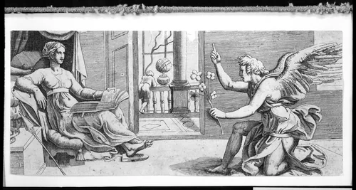 The Annunciation with Kneeling Angel by Enea Vico, print, 1535-1541