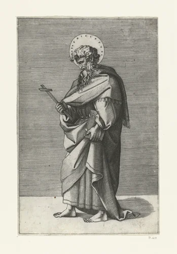 Apostel Filippus met kruis by Marcantonio Raimondi, print, 1517-1527