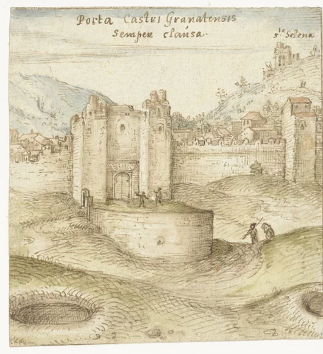 Gesloten poort tot het kasteel (Alhambra) te Granada by Joris Hoefnagel, drawing, 1561-1601