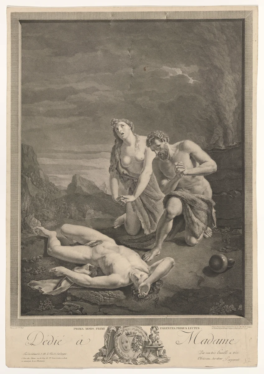 Adam and Eve kneeling at right and lamenting the death of Abel, who is lying in the foreground by Carlo Antonio Porporati, print, 1776