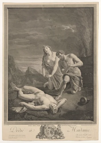Adam and Eve kneeling at right and lamenting the death of Abel, who is lying in the foreground by Carlo Antonio Porporati, print, 1776