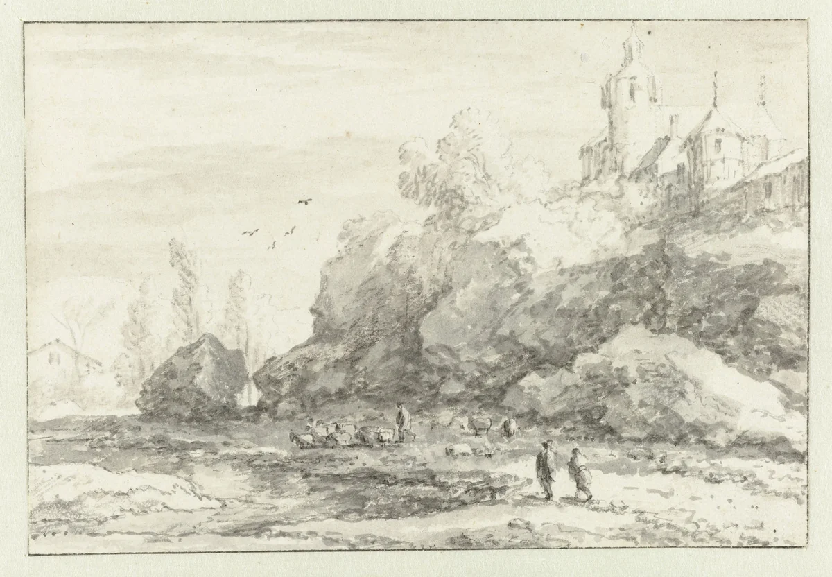 Landschap met een kasteel op een berg by Allaert van Everdingen, drawing, 1631-1675