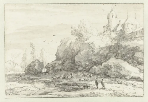 Landschap met een kasteel op een berg by Allaert van Everdingen, drawing, 1631-1675