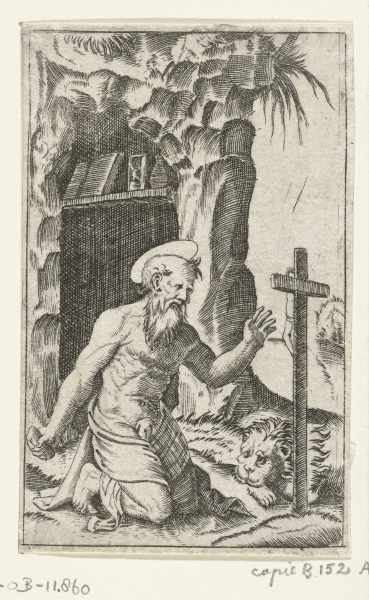 Heilige Hieronymus knielend bij crucifix en leeuw by anonymous, print, 1500-1575