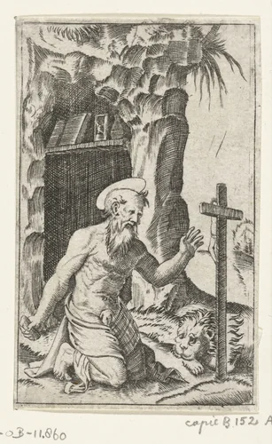 Heilige Hieronymus knielend bij crucifix en leeuw by anonymous, print, 1500-1575