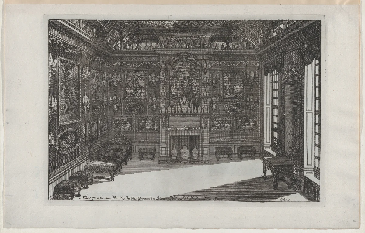 Interior of a Porcelain Cabinet with Paintings and Vases, from Nouveaux Liure da Partements, part of Œuvres du Sr. D. Marot by Daniel Marot, print, 1703-1712