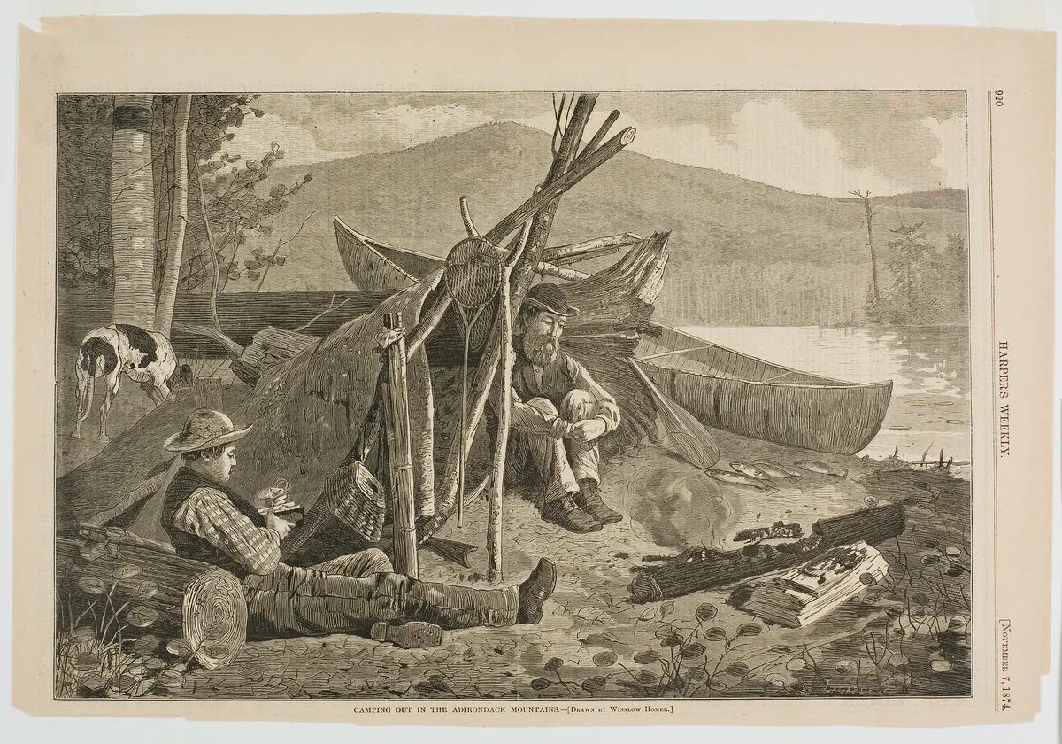 Camping Out in the Adirondack Mountains by Winslow Homer, print, 1874