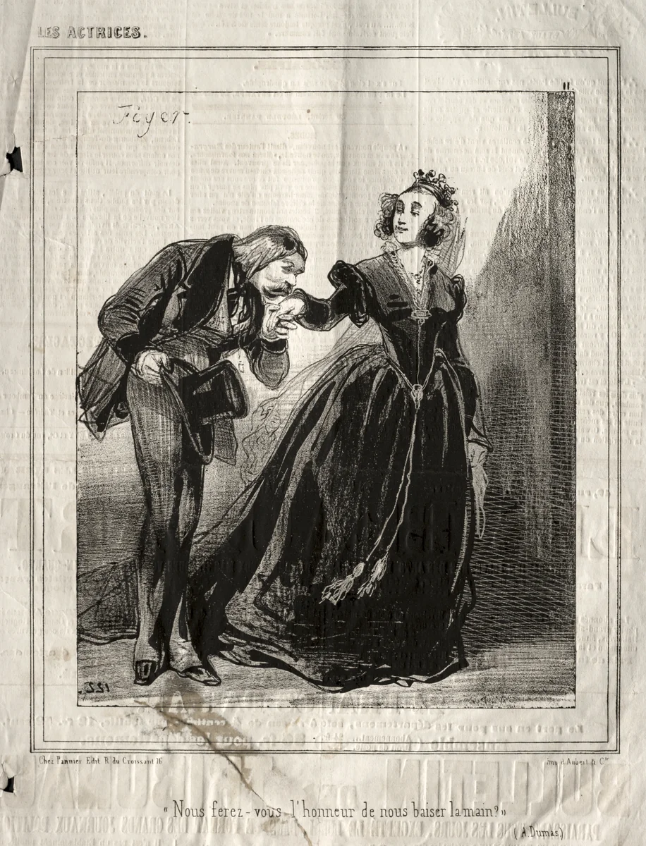 Les Actrices: Nous ferez-vous l'hommeur de nous baiser le main? by Paul Gavarni, print, 1843