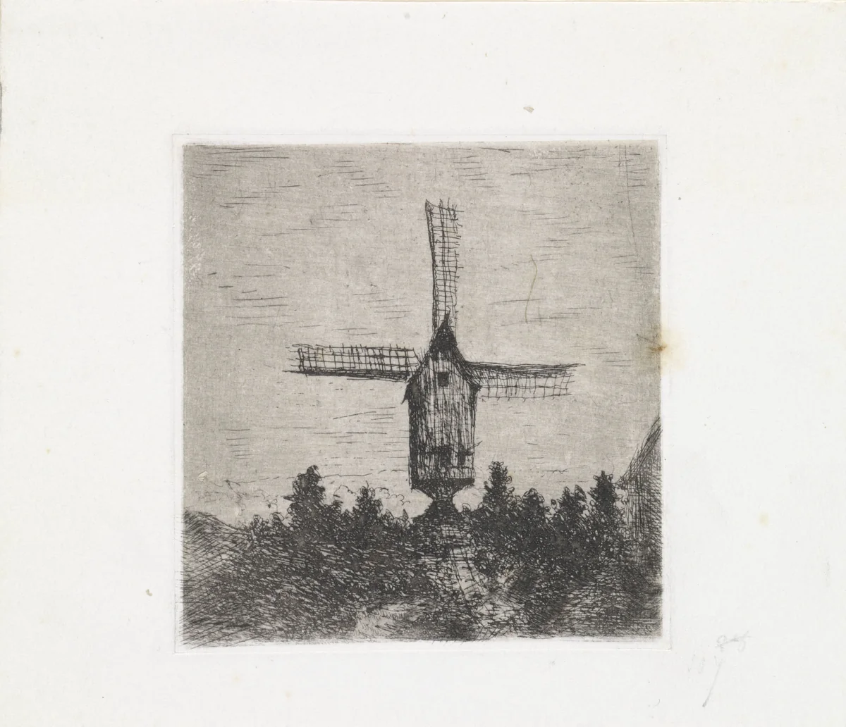 Windmolen met drie zichtbare wieken by Arnoud Schaepkens, print, 1855-1904