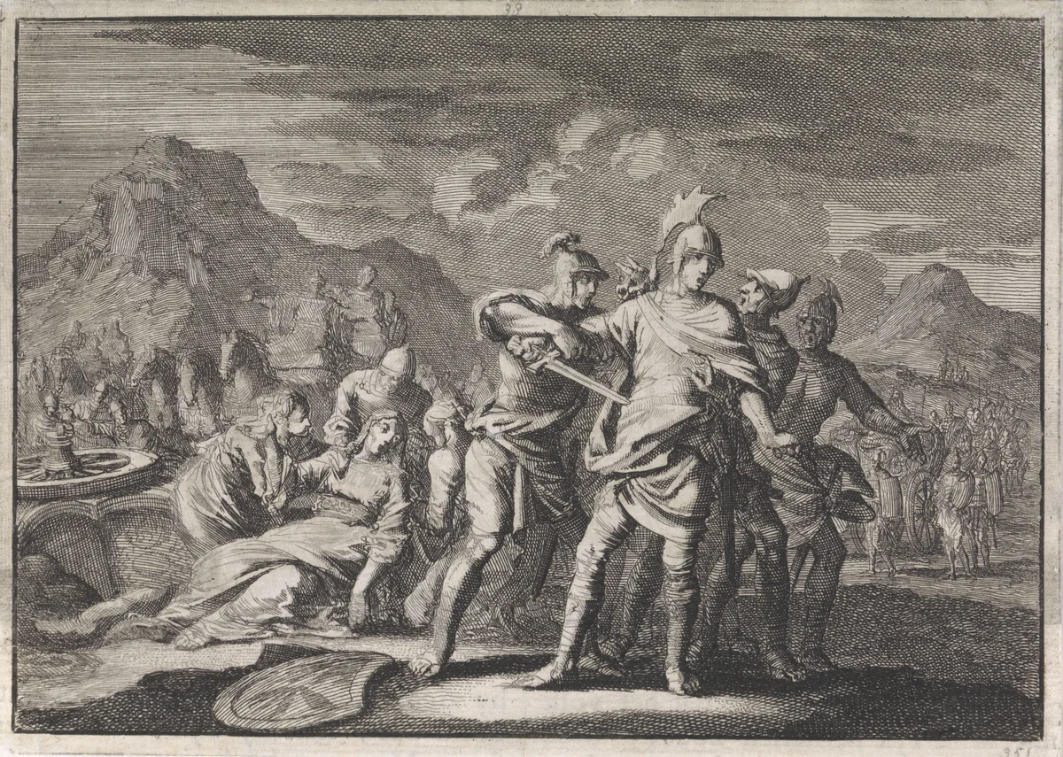 Herodes wordt door zijn volgers ervan weerhouden zichzelf te doden by Jan Luyken, print, 1704