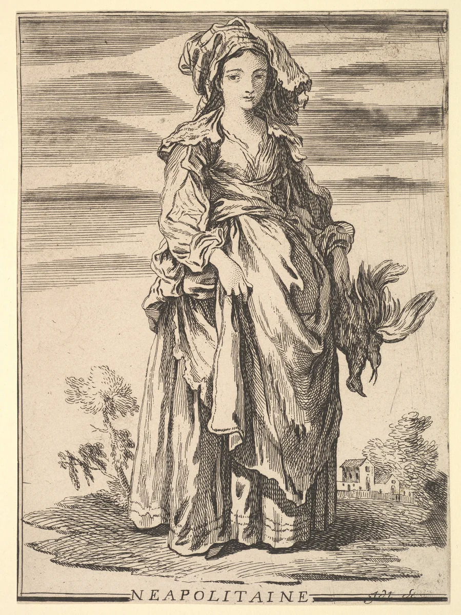Reverse copy of Neapolitaine, from Recueil de diverses fig.res étrangeres Inventées par F. Boucher P.tre du Roy et Gravées par F. Ravenet (Collection of Various Foreign Figures, Devised by F. Boucher, Painter of the King and Engraved [etched] by F. Ravenet), plate 2 by Simon Ravenet, print, 1720-1799