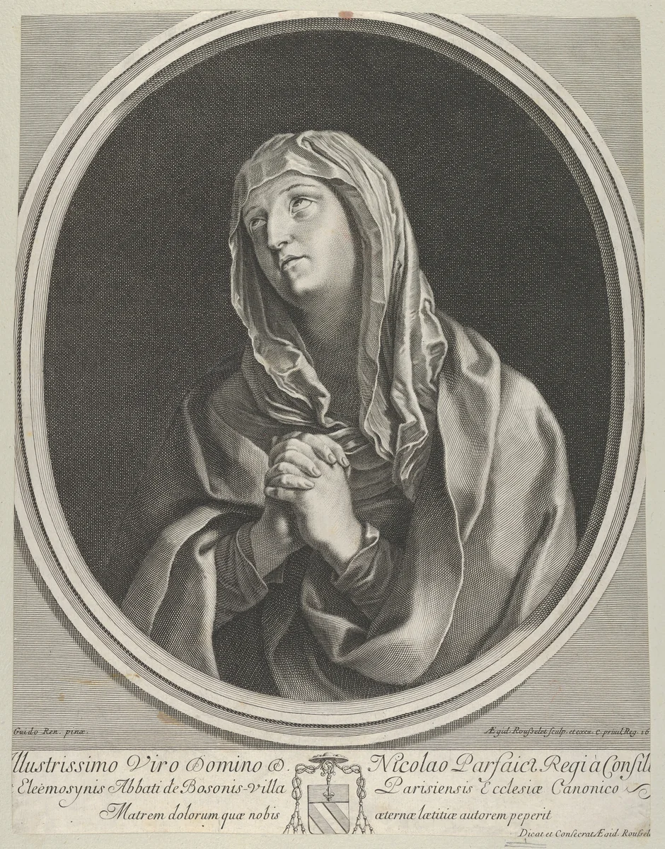 The Virgin in prayer looking up to the left, in an oval frame, after Reni by Gilles Rousselet, print, 1665
