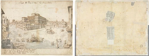 Eighteen Views of Rome: The Piazza Barberini (recto); Tracing of a Fountain from recto and Sketches of Two Faces (verso) by Lievin Cruyl, drawing, 1665