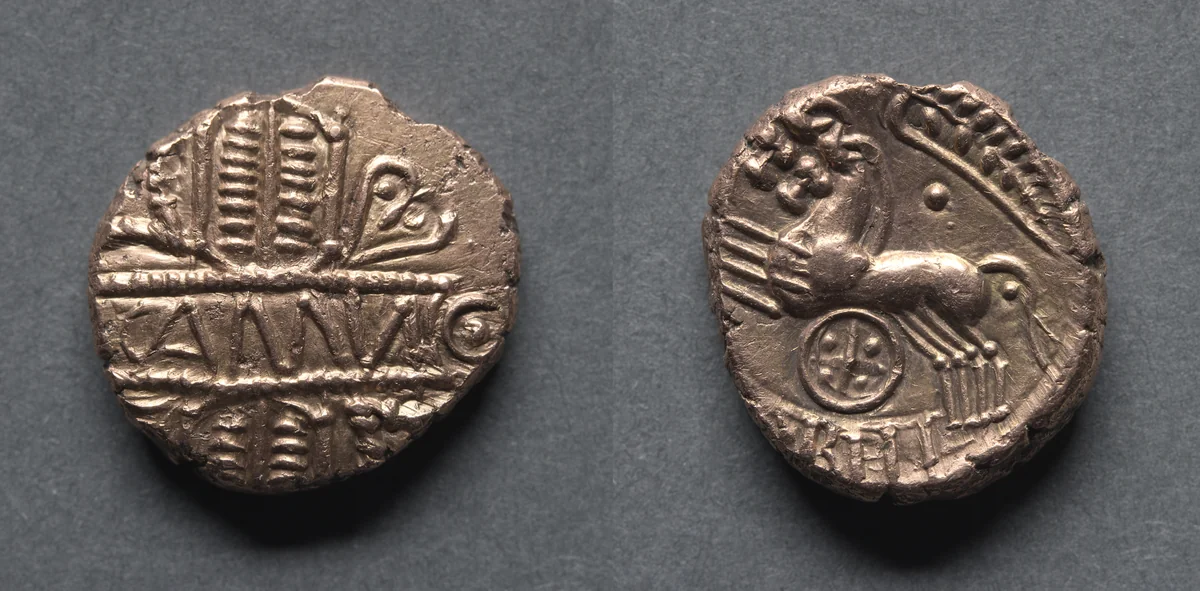 Cunobeline Stater: Tablet on Wreath (reverse); Two Horses and Wheel (reverse) by Unknown, metalwork, 5-45