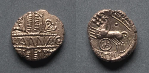 Cunobeline Stater: Tablet on Wreath (reverse); Two Horses and Wheel (reverse) by Unknown, metalwork, 5-45