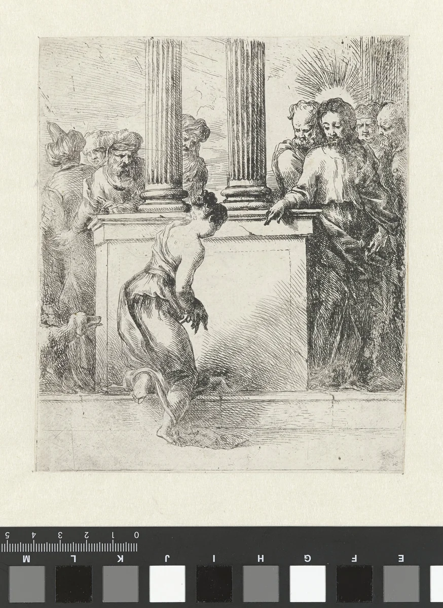 Christus en de overspelige vrouw by Bartolomeo Biscaino, print, 1642-1657