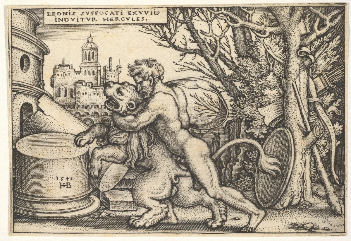 Hercules, in profile, killing the Nemean lion with his arm around its neck, from "The Labors of Hercules" by Sebald Beham, print, 1548