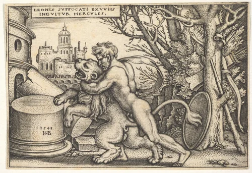 Hercules, in profile, killing the Nemean lion with his arm around its neck, from "The Labors of Hercules" by Sebald Beham, print, 1548