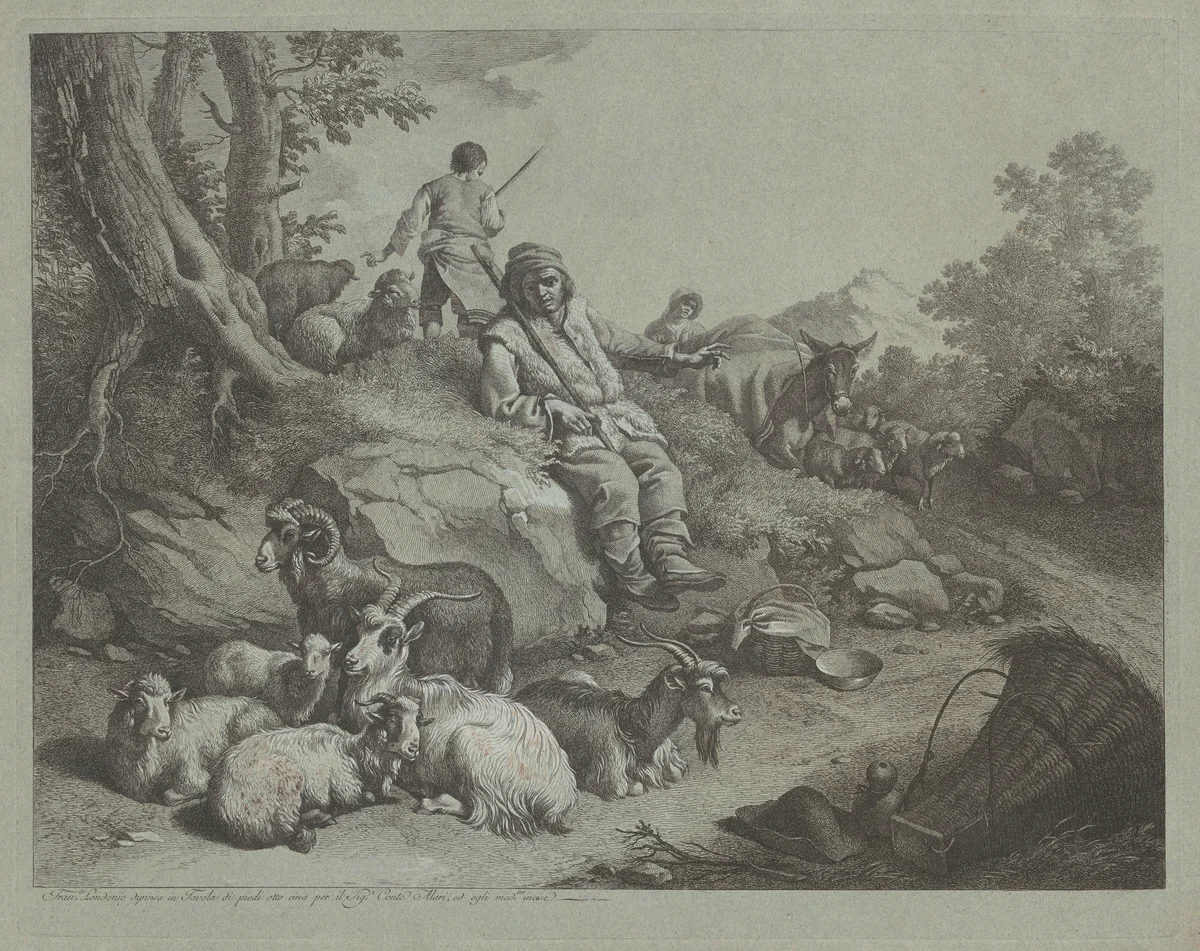 Seated Shepherd before a Flock of Goats by Francesco Londonio, print, 1766