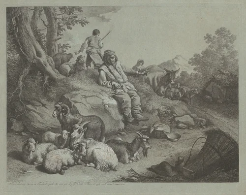 Seated Shepherd before a Flock of Goats by Francesco Londonio, print, 1766