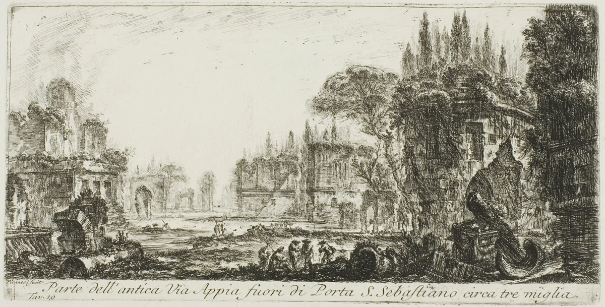 Part of the ancient Appian Way about three miles outside Porta S. Sebastiano, plate 19 from Some Views of Triumphal Arches and other monuments by Giovanni Battista Piranesi, print, 1748