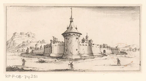 Zicht op ommuurde stad met ervoor drie soldaten op wacht by Israël Silvestre, print, 1631-1661