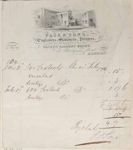 Trade Card for Page & Sons, Engravers, Stationers & Printers by anonymous, print, 1800-1900